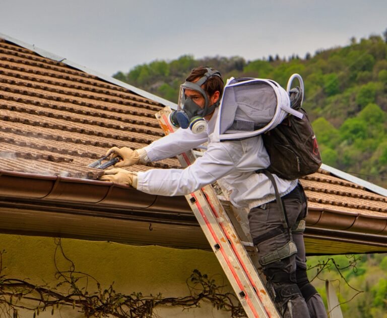 Technicien en tenue de protection intégrale intervenant sur une toiture pour un traitement anti-frelons en Savoie